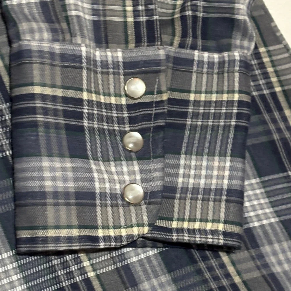 Chute 1 Mens Lg Plaid Long Sleeve Western Pearl Snap Shirt Blue Gray Lightweight